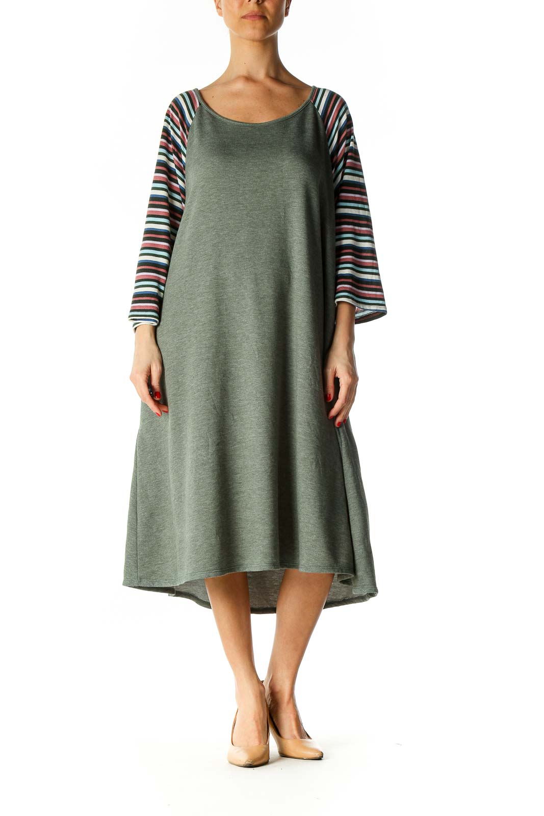 Green Textured Casual A-Line Dress