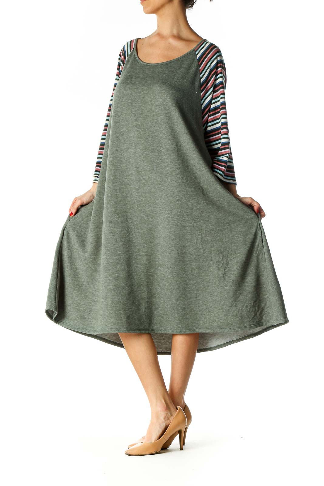 Green Textured Casual A-Line Dress