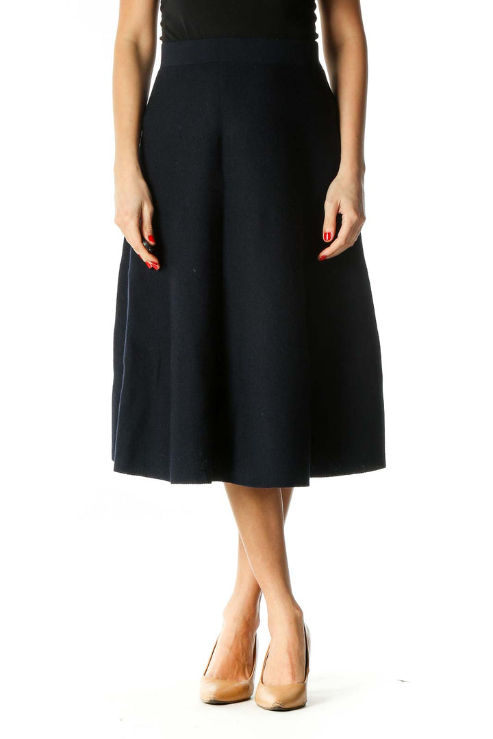 Blue Structured Merino Wool Flared Skirt