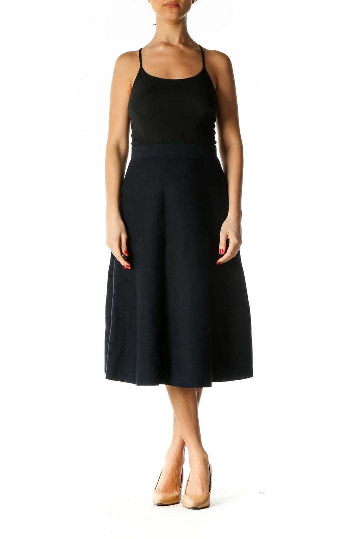 Blue Structured Merino Wool Flared Skirt