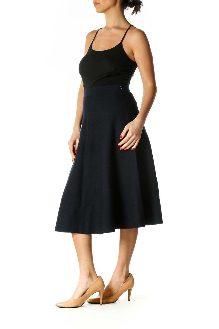 Blue Structured Merino Wool Flared Skirt