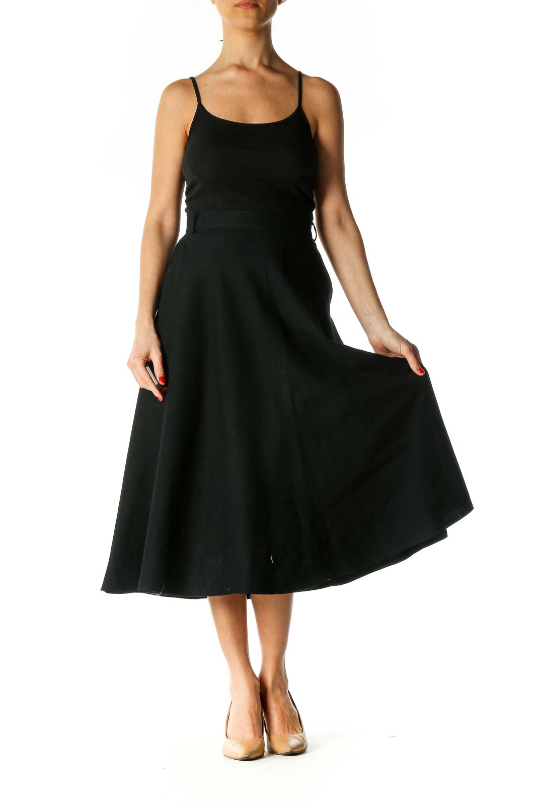 Black Solid Retro Flared Skirt