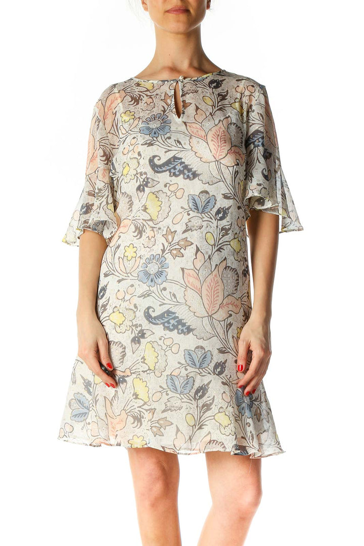 Beige Graphic Print A-Line Dress