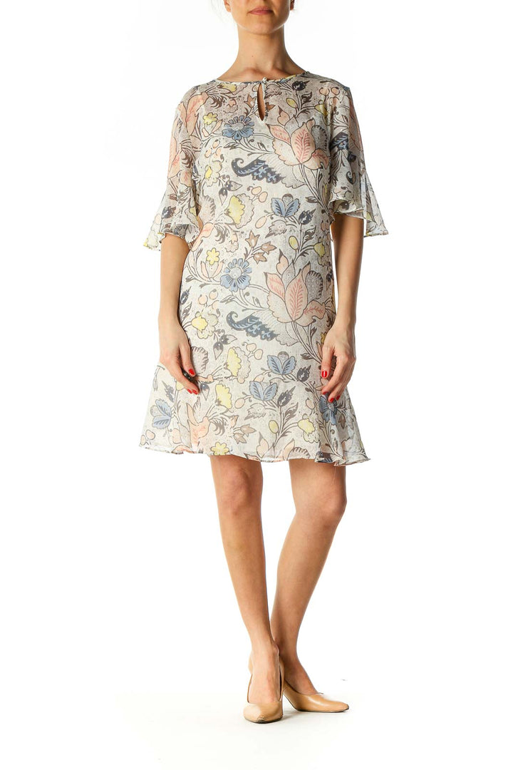 Beige Graphic Print A-Line Dress