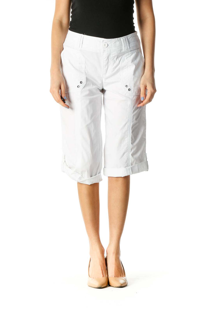 White Solid Casual Shorts