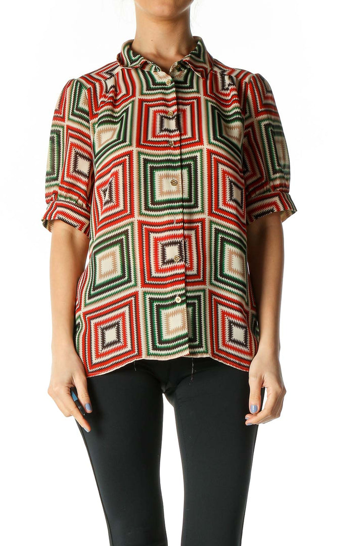 Red Geometric Print Retro Shirt