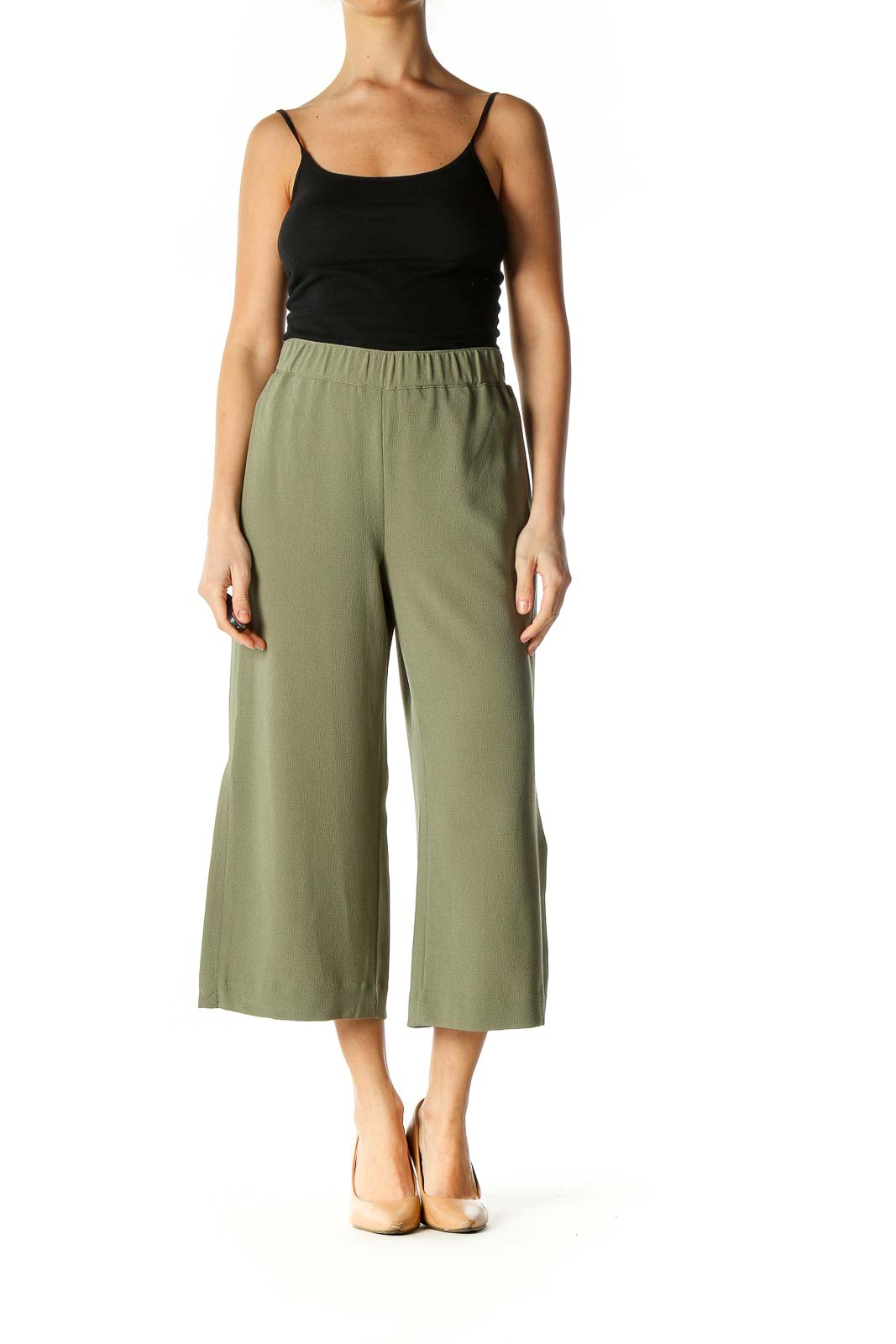 Green Solid Retro Culottes Pants