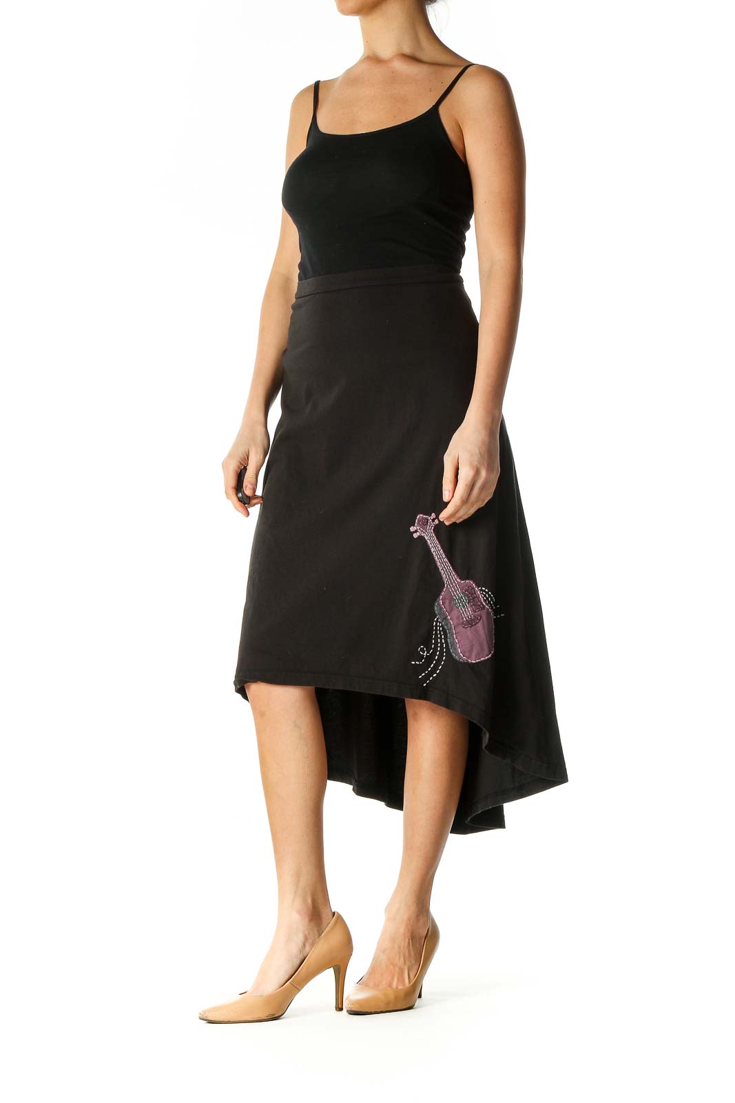 Black Solid Retro Flared Skirt