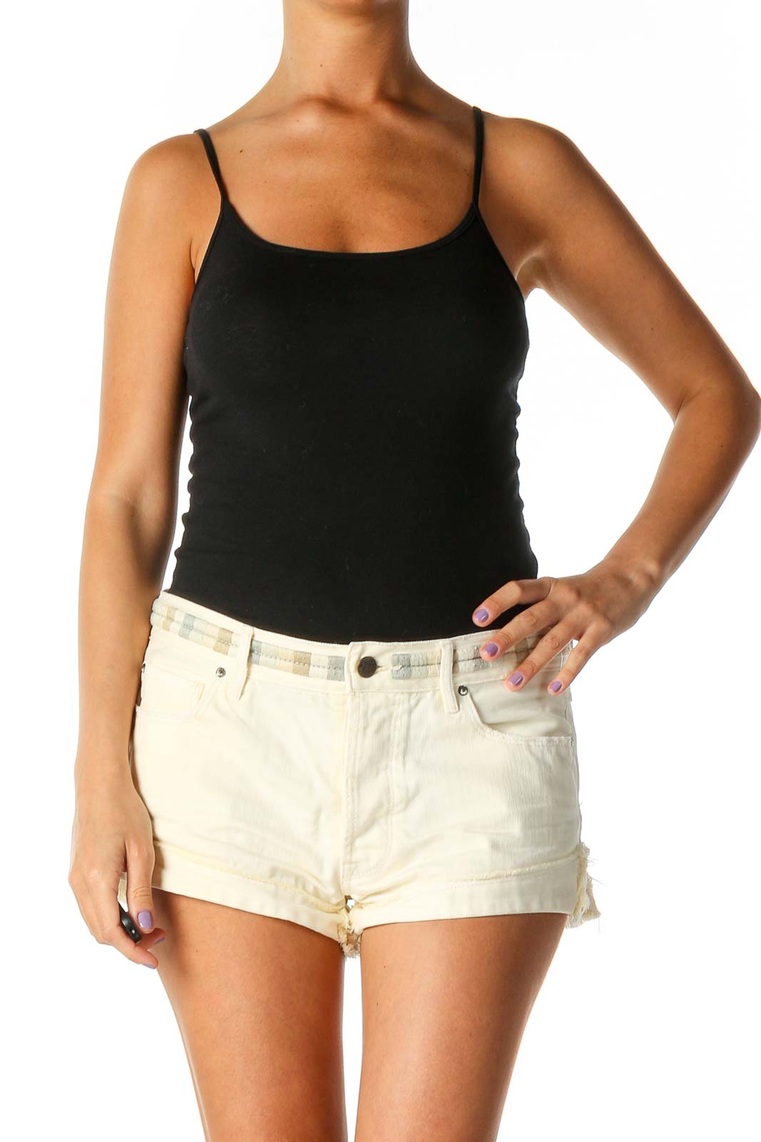 Front view of Free People cream denim shorts with distressed hem