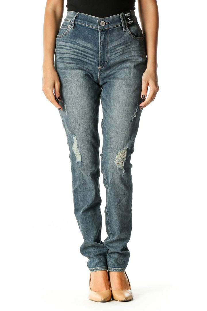 Blue Casual Straight Leg Jeans