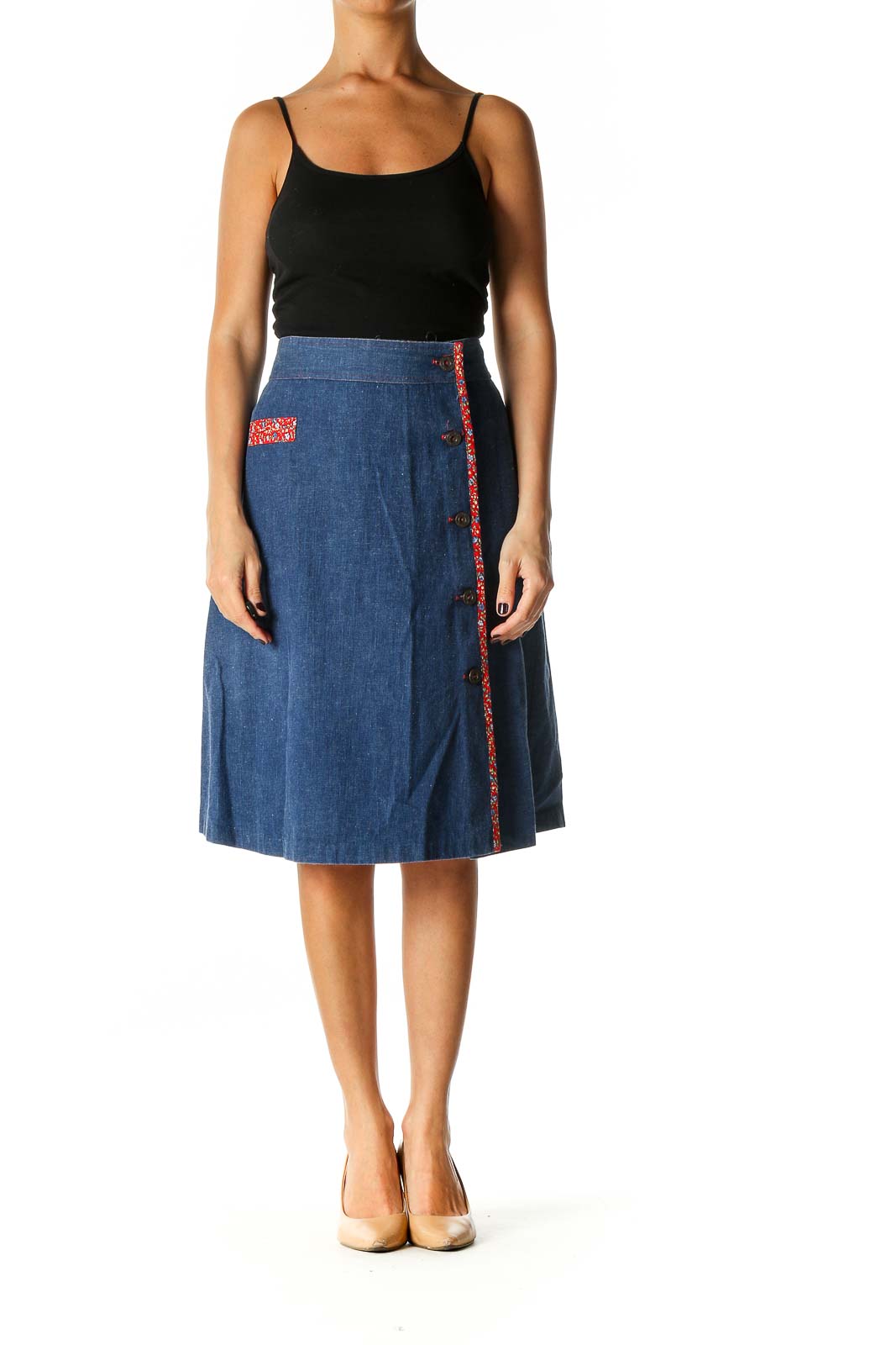 Blue Solid Retro A-Line Skirt