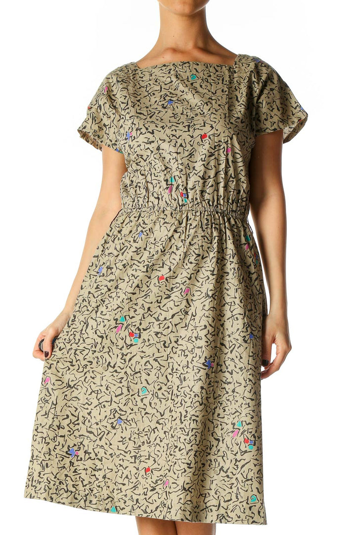 Beige Geometric Print Retro Fit & Flare Dress