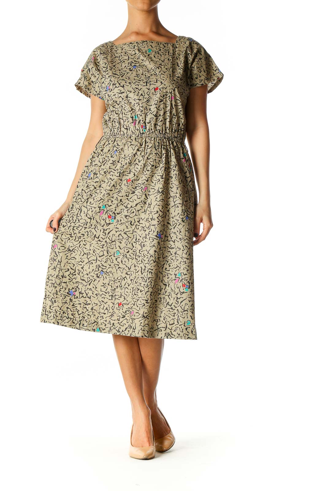 Beige Geometric Print Retro Fit & Flare Dress