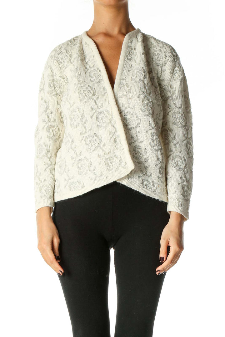 White Knitted Floral Print Vintage Cardigan