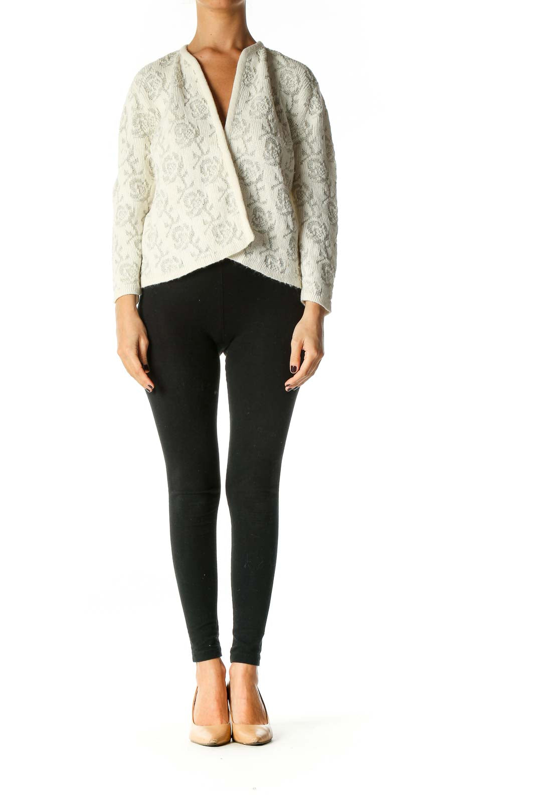 White Knitted Floral Print Vintage Cardigan