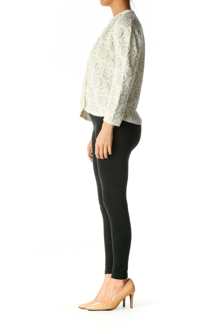 White Knitted Floral Print Vintage Cardigan