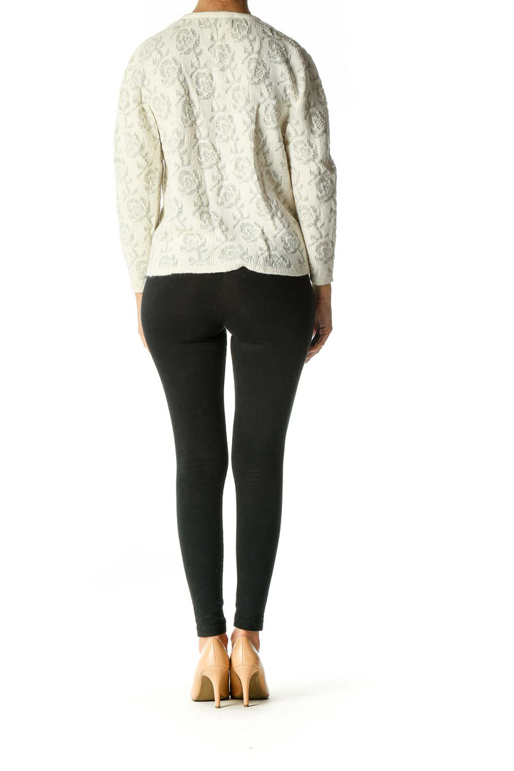 White Knitted Floral Print Vintage Cardigan