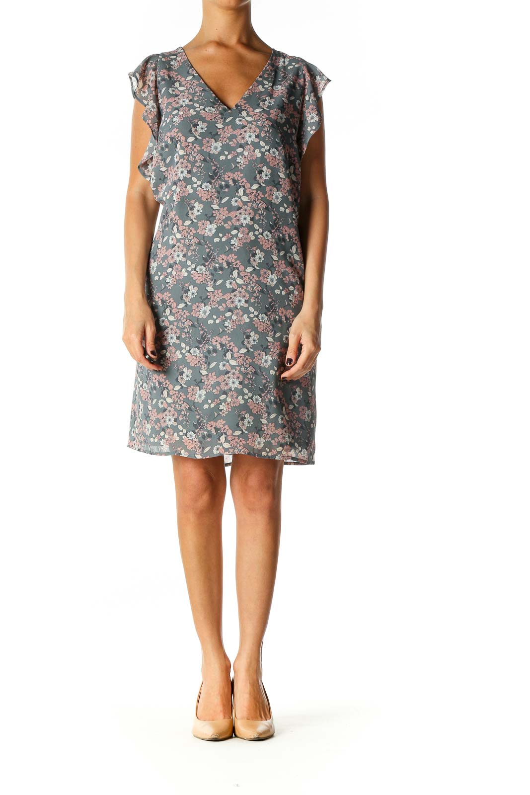 Gray Floral Print Holiday Shift Dress