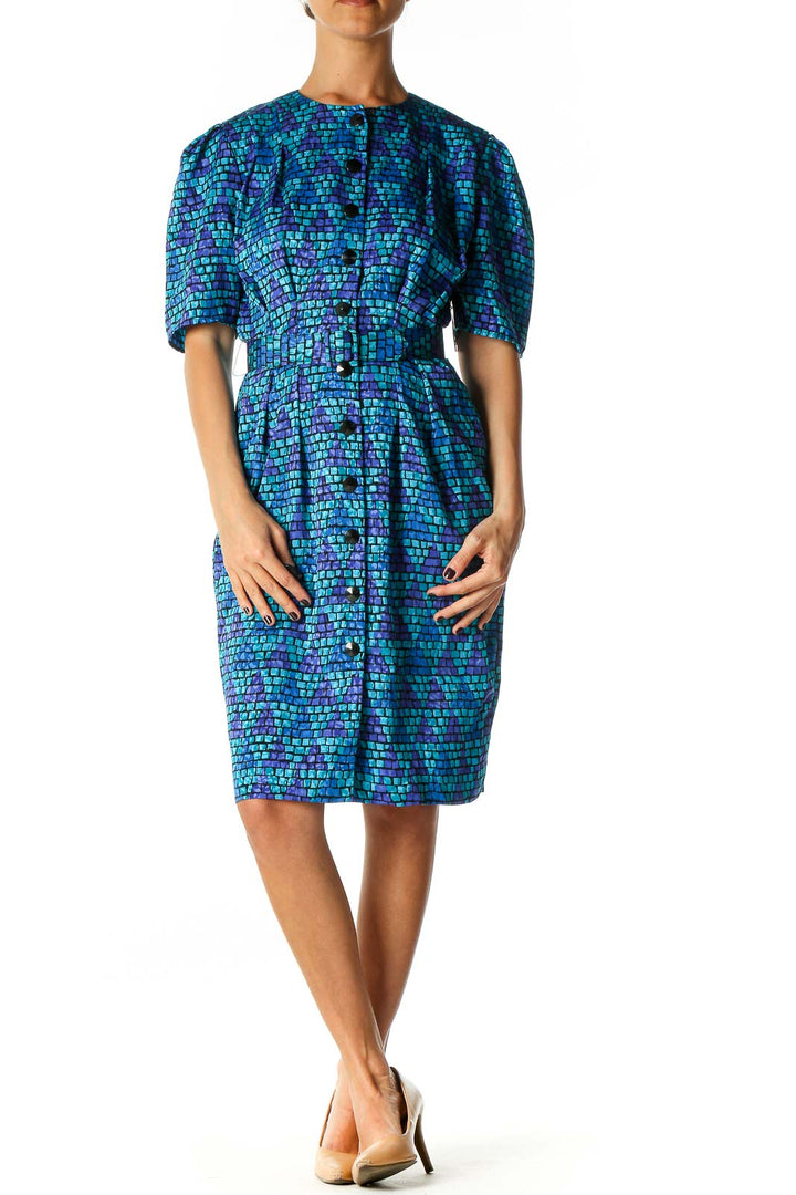 Blue Geometric Print Day Shift Dress