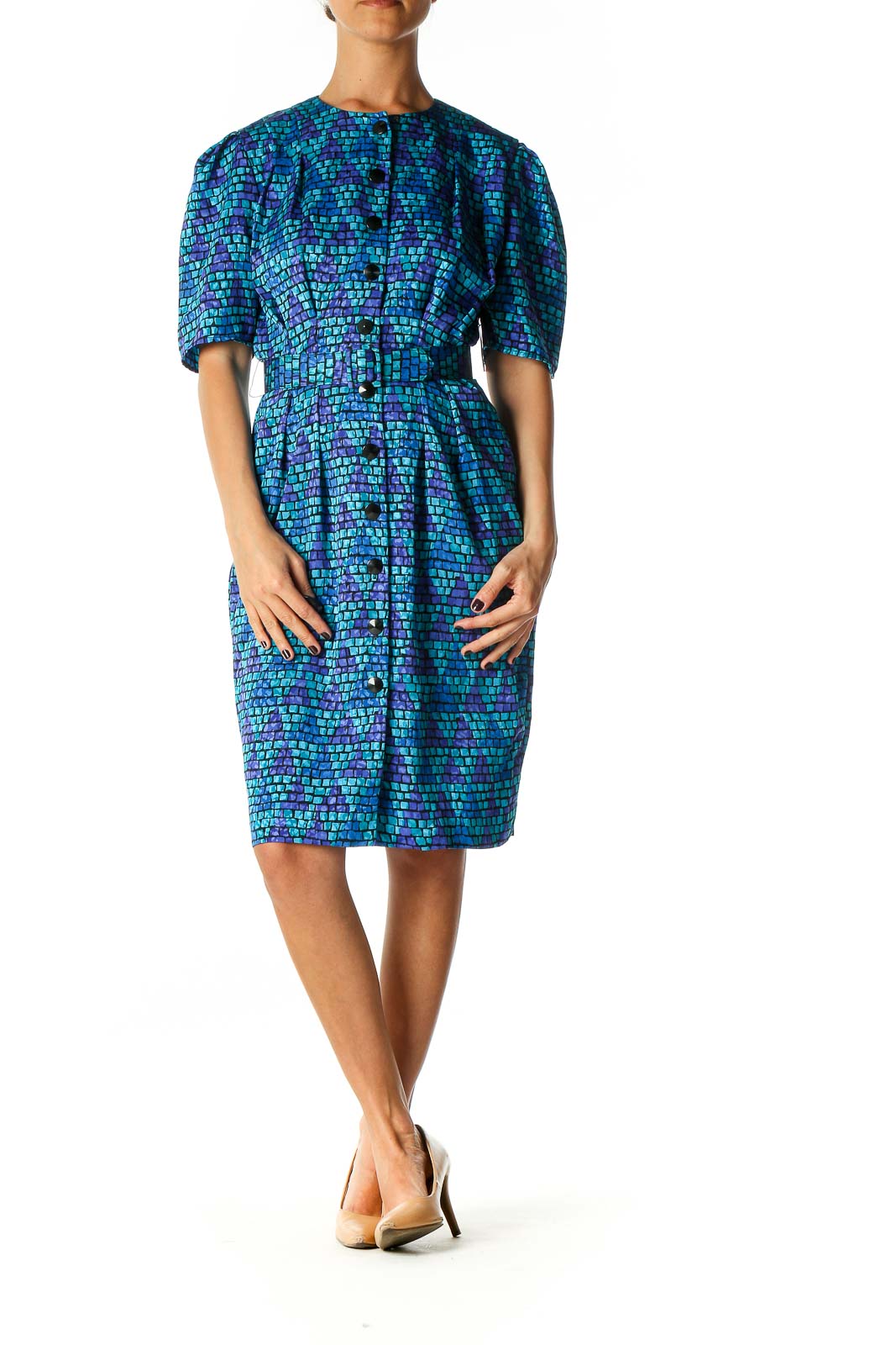 Blue Geometric Print Day Shift Dress