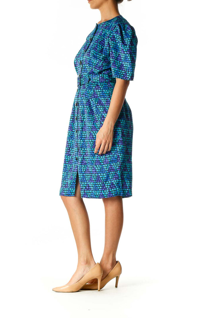 Blue Geometric Print Day Shift Dress