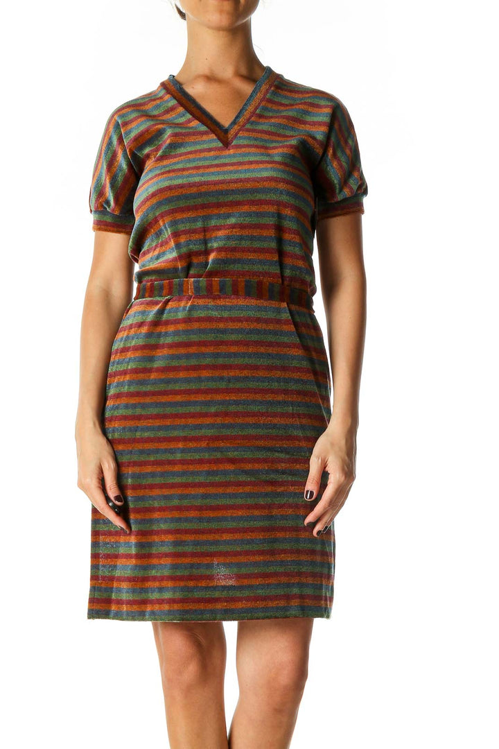 Brown Striped Casual Sheath Dress