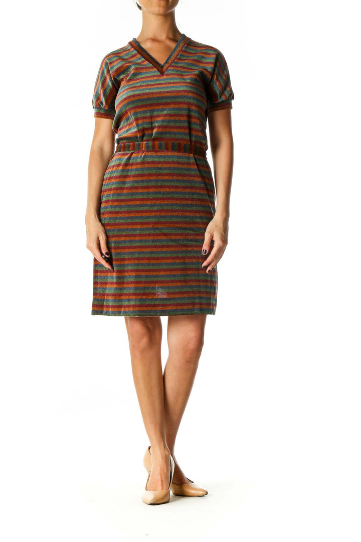 Brown Striped Casual Sheath Dress