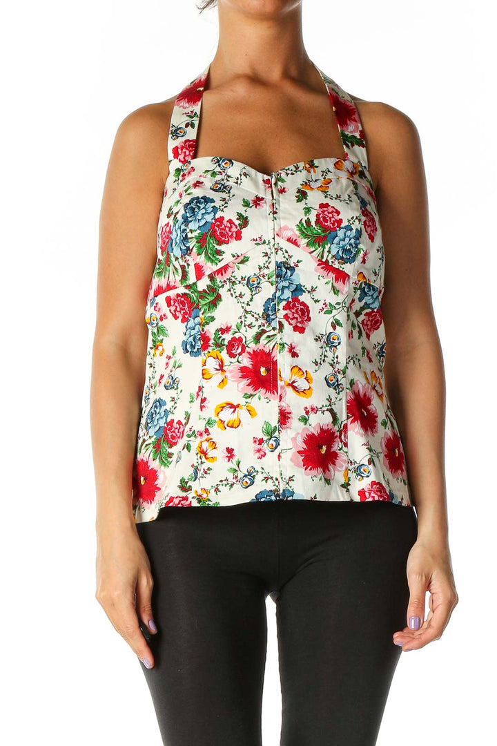 White Floral Print Retro Halter Top