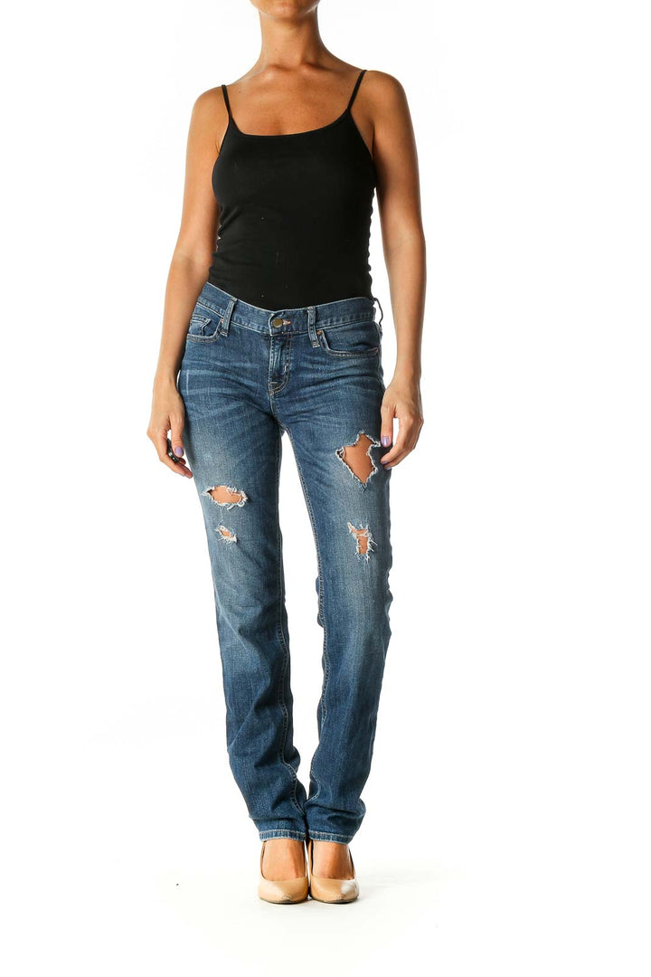 Blue Casual Straight Leg Jeans