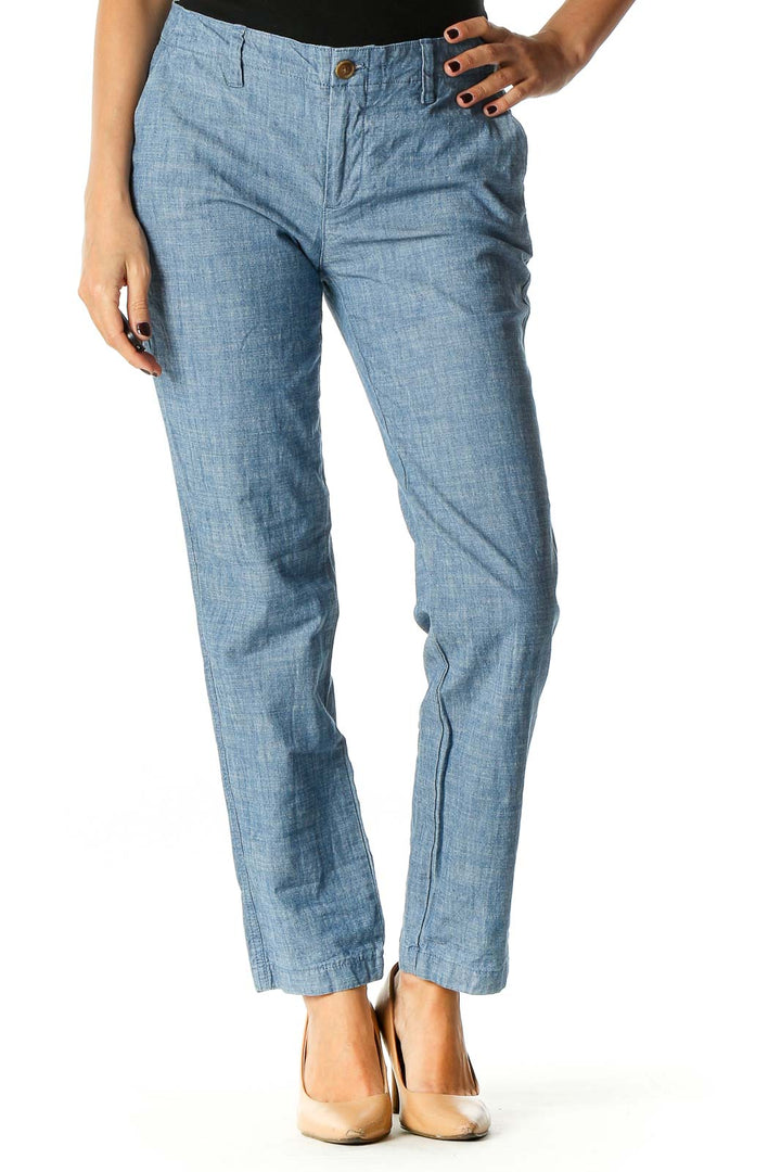 Blue Textured Casual Trousers