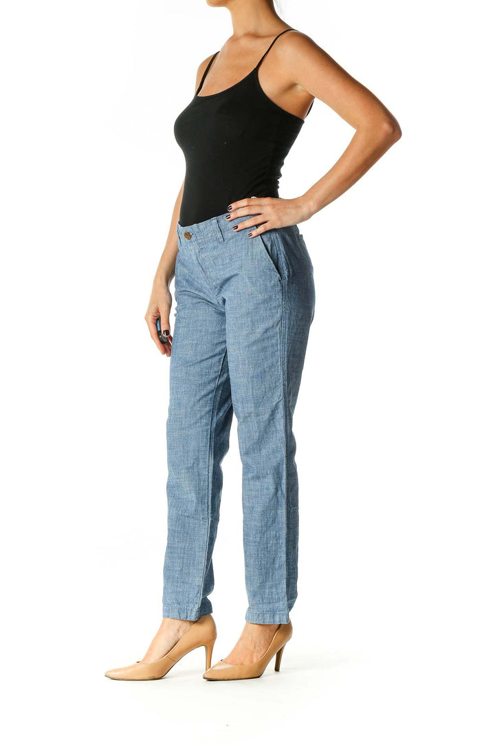 Blue Textured Casual Trousers