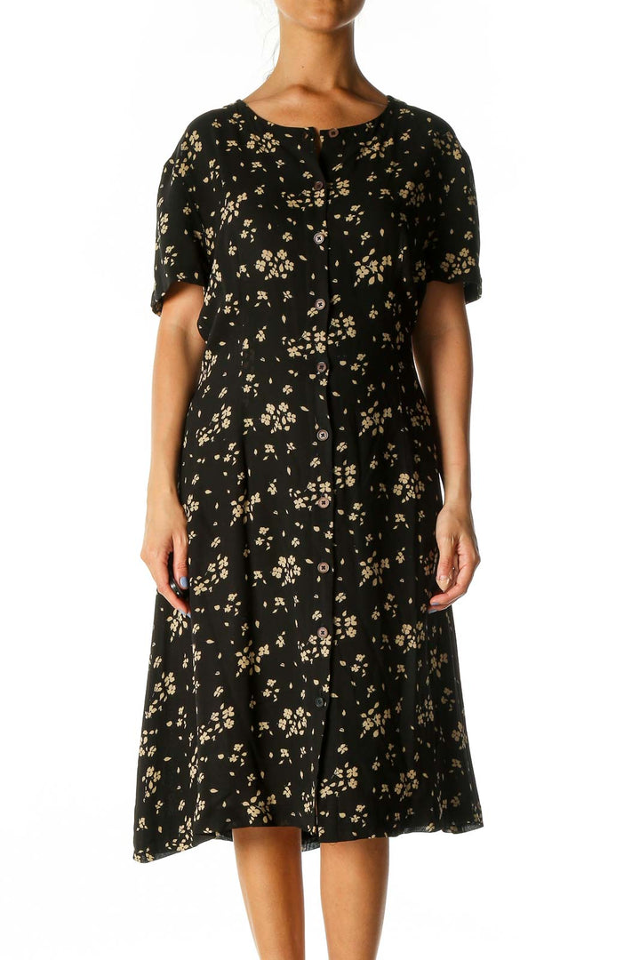 Black Floral Print A-Line Dress