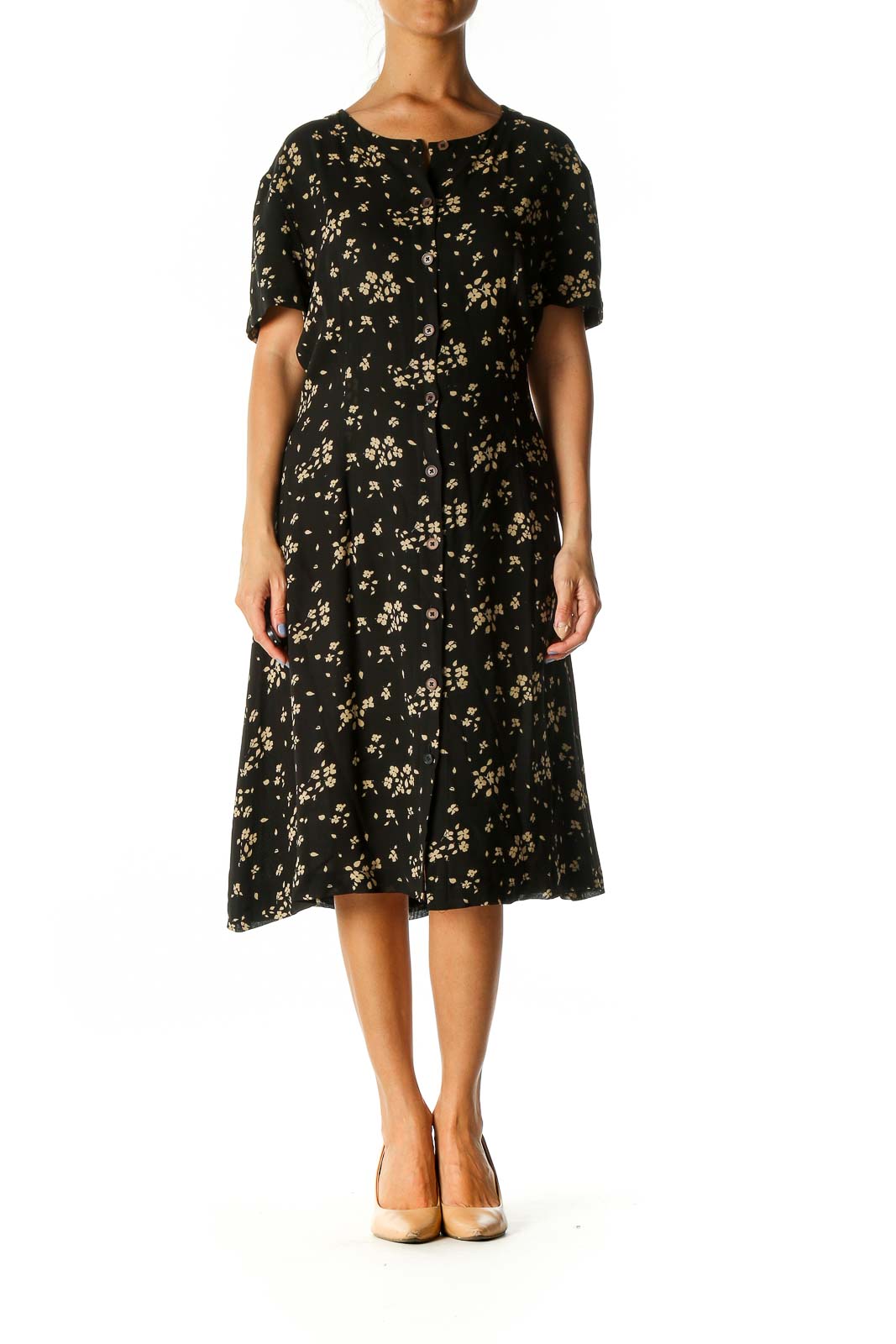 Black Floral Print A-Line Dress