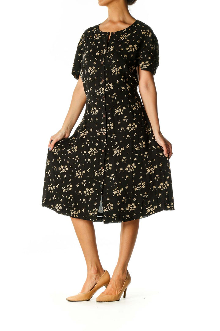 Black Floral Print A-Line Dress