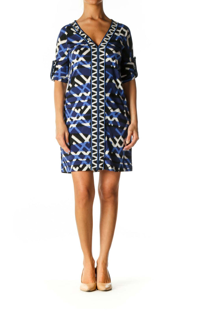 Blue Geometric Print Casual Shift Dress