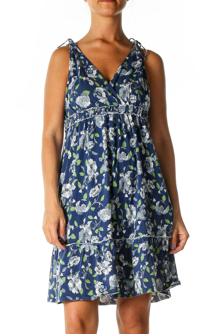 Blue Floral Print Holiday A-Line Dress