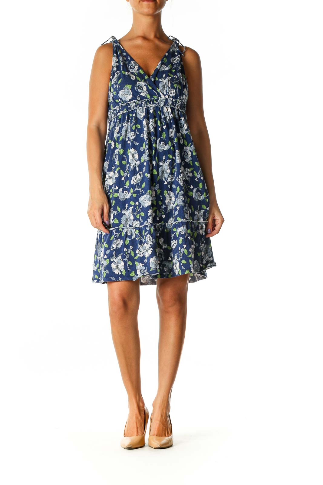 Blue Floral Print Holiday A-Line Dress