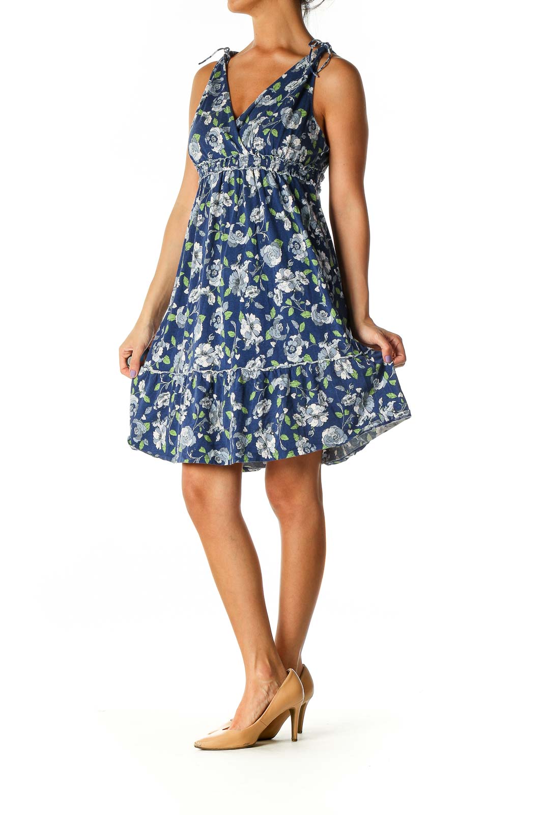 Blue Floral Print Holiday A-Line Dress