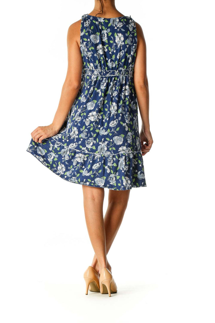 Blue Floral Print Holiday A-Line Dress