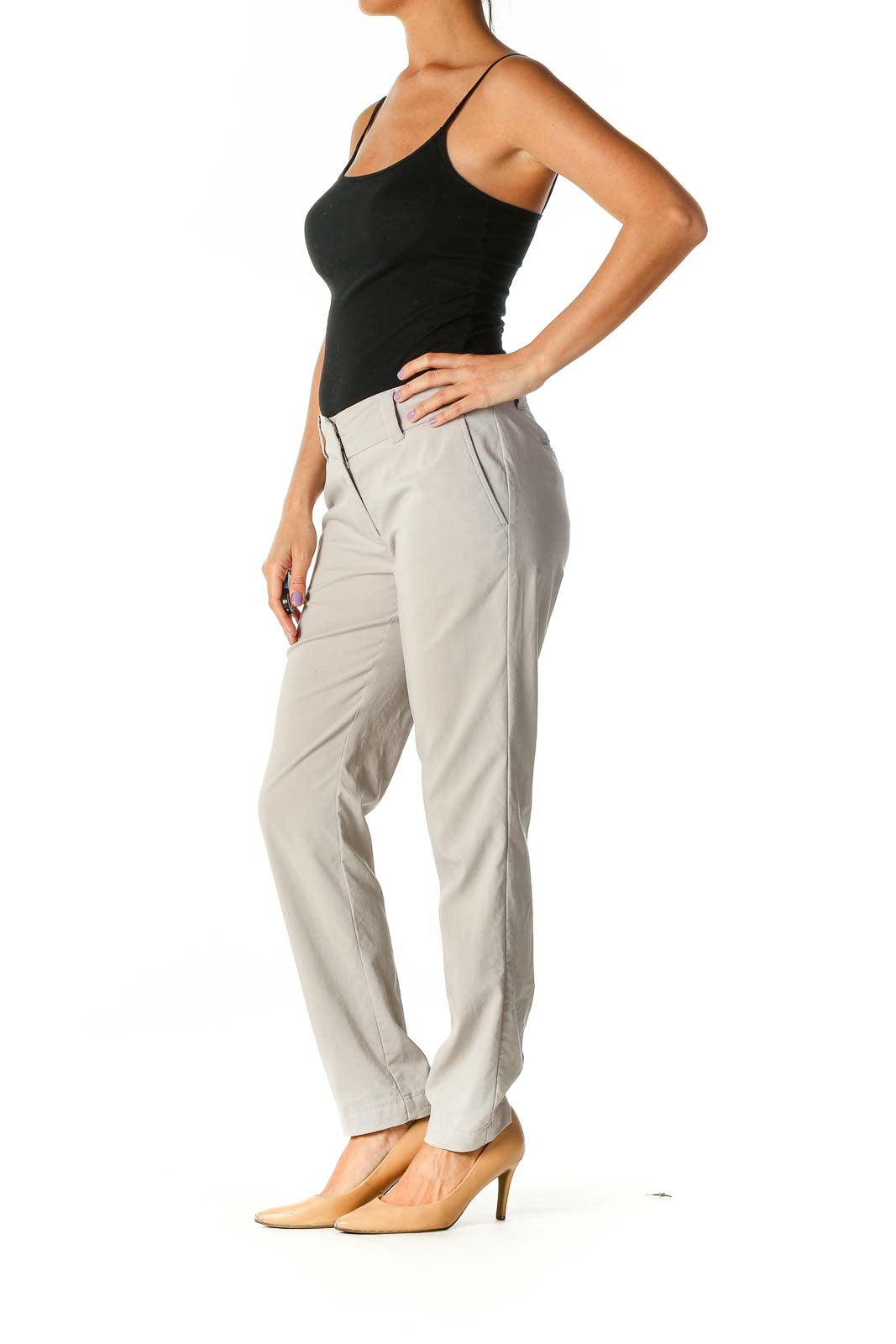 Beige Solid Formal Trousers