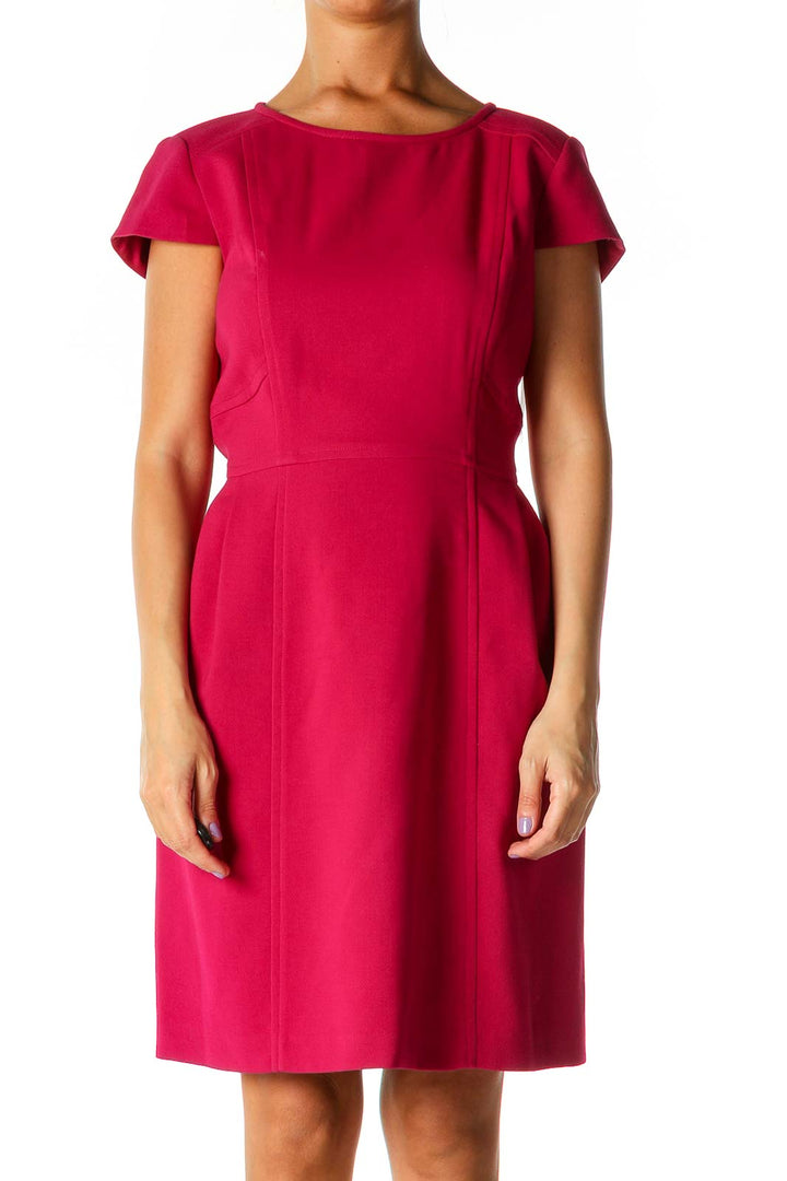 Pink Solid Work A-Line Dress