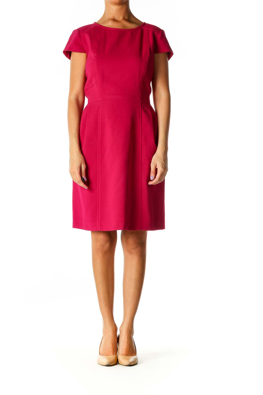 Pink Solid Work A-Line Dress