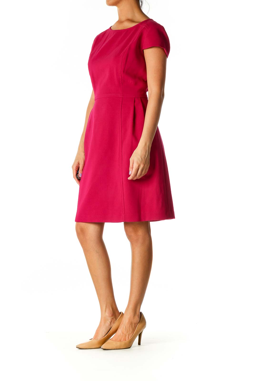 Pink Solid Work A-Line Dress