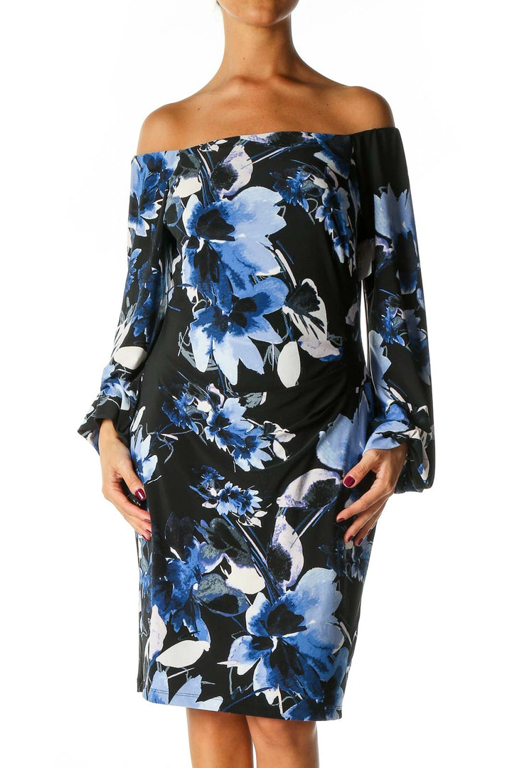 Blue Floral Print Holiday Sheath Dress