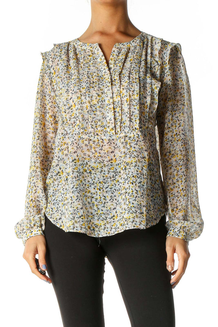 Beige Floral Print Brunch Blouse