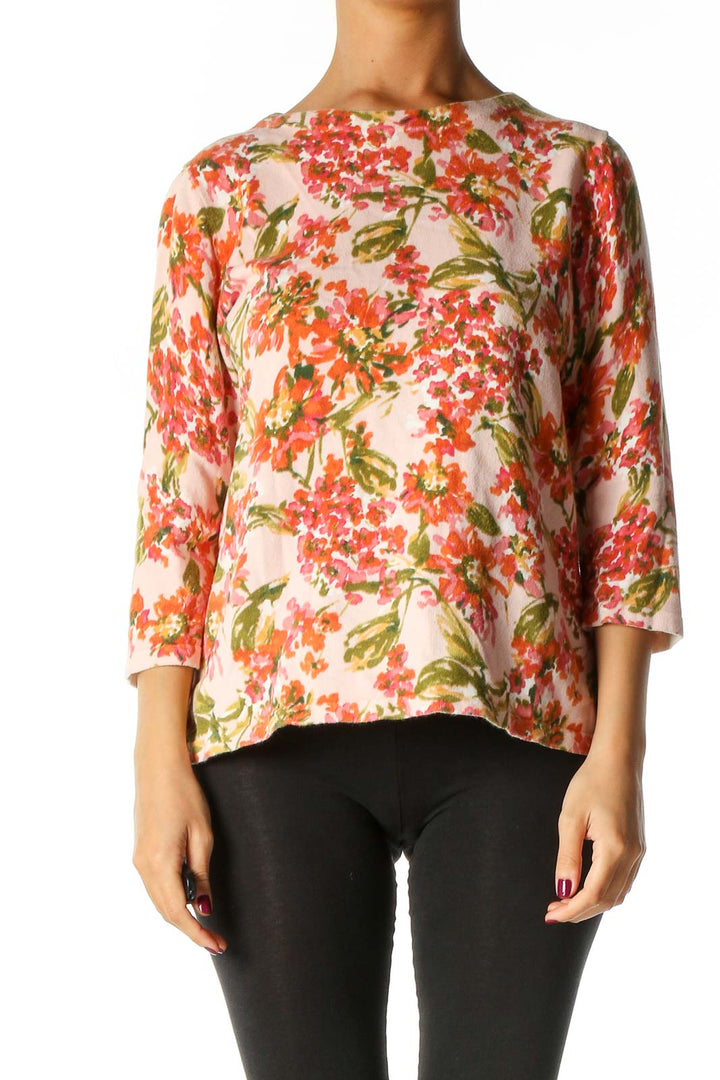 Orange Floral Print Casual Sweater