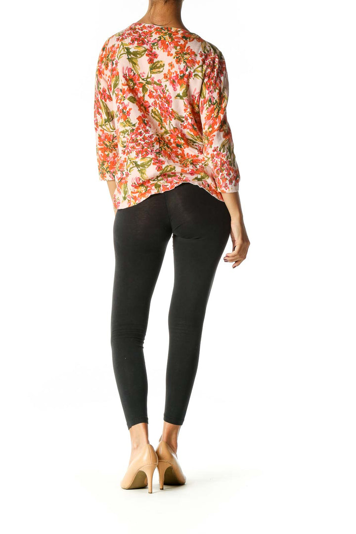 Orange Floral Print Casual Sweater