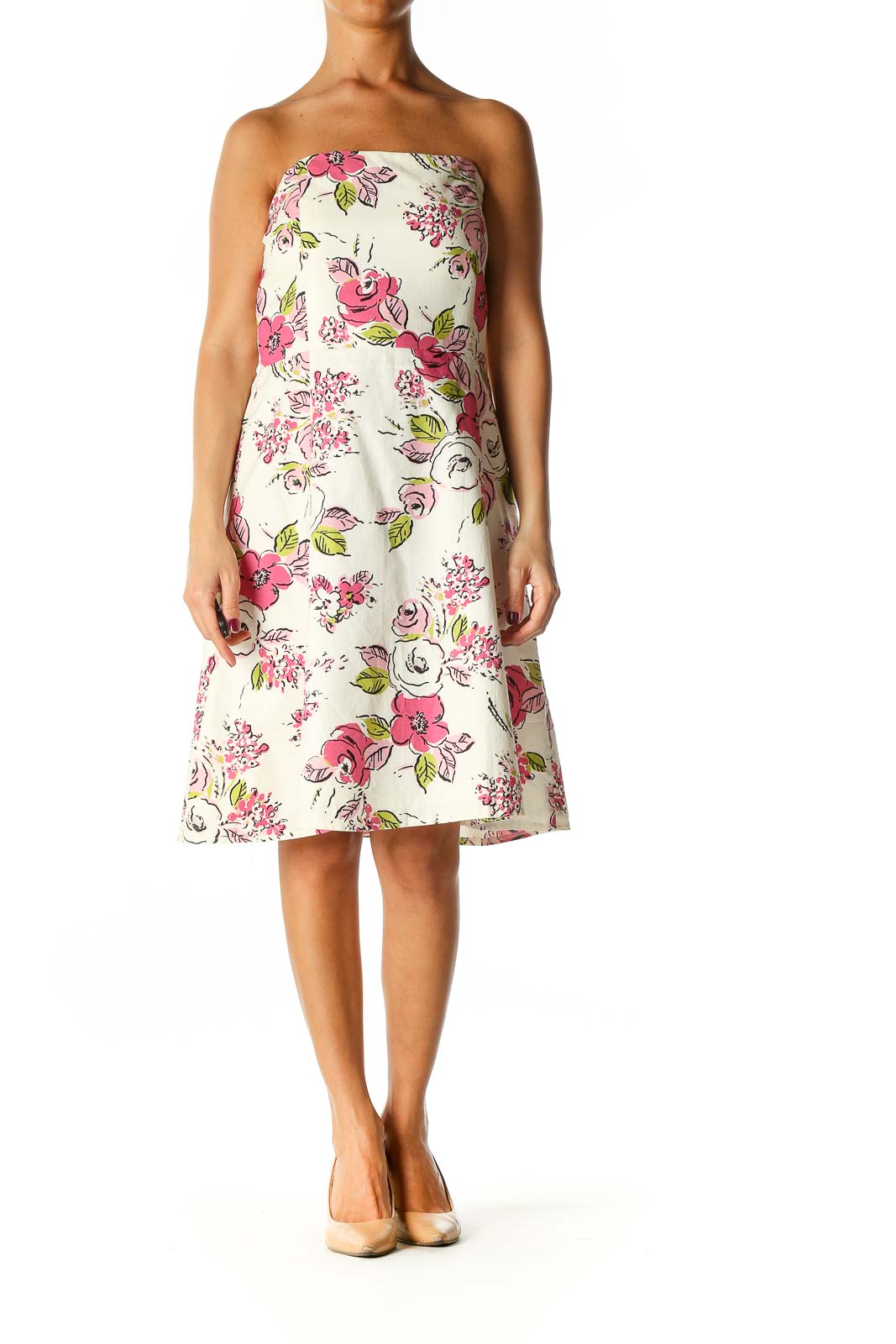 Beige Floral Print Holiday A-Line Dress