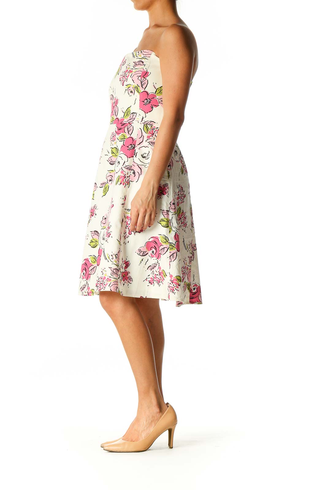 Beige Floral Print Holiday A-Line Dress