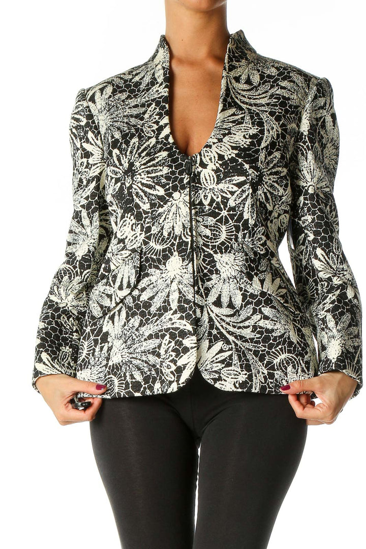 White Floral Print Textured Blazer